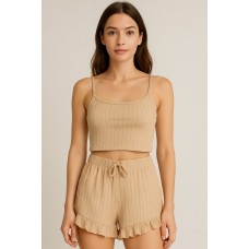 Crop Takım - Askılı Crop Takım Likralı Bej (L)