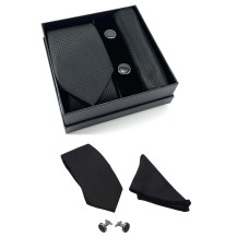 Kravat Düğme Set Siyah Desenli Kravat Mendil Kol Düğmesi Özel Set